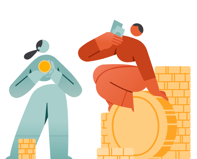 Illustration of people with cash and coins beside stacks of money, representing financial planning and business growth for start-up companies. Illustration of people with cash and coins beside stacks of money, representing financial planning and business growth for start-up companies.
