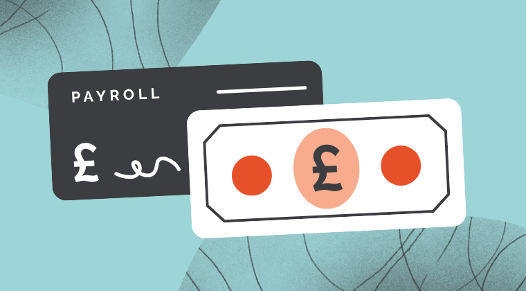 Illustration of a payroll card and a British pound banknote, representing employee pay and payroll processing.