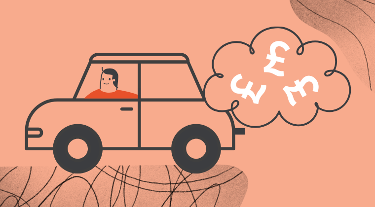 An illustration of a person driving a car, emerging from the car's exhaust pipe is a large cloud outline filled with three white British pound symbols (£).