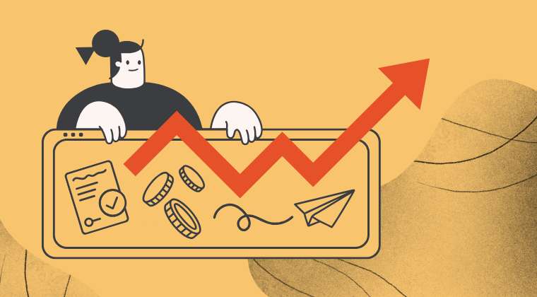 Illustration for business growth and accounting, featuring a character holding a tablet with a rising red arrow, coins, and a verified document icon on a yellow background.