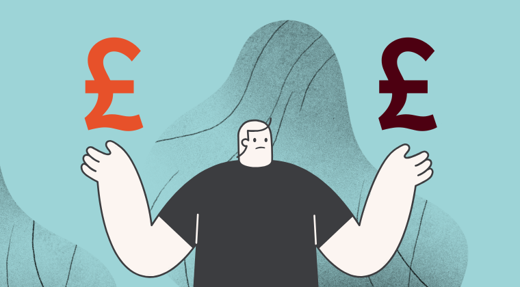Illustration of a company director weighing two sources of income, represented by pound symbols
